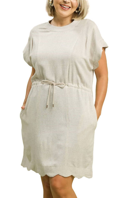 Plus Size Linen Blend Scallop Hem Mini Dress With Flutter Sleeves Modest Fashion