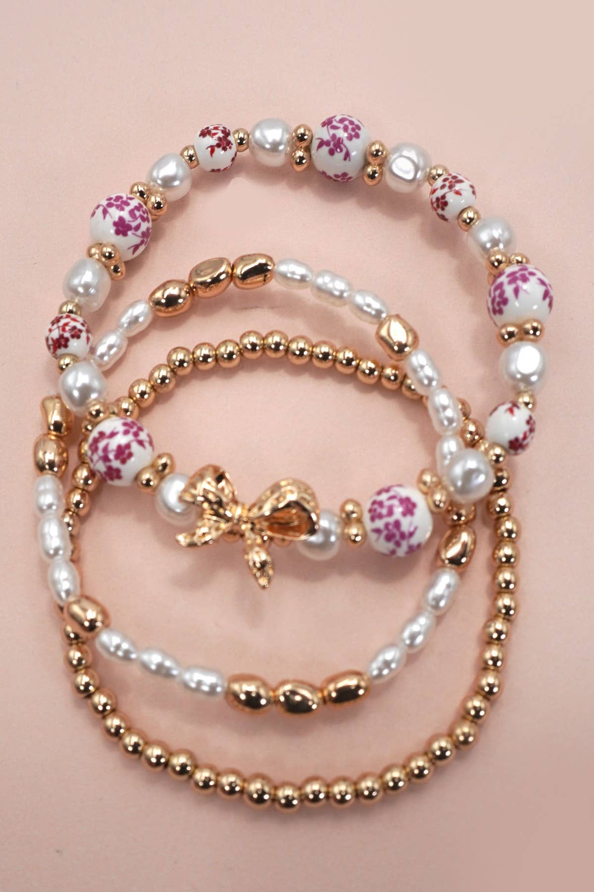 Chic Porcelain Bow Multi Layer Bracelet With Pink Beads And Pearls
