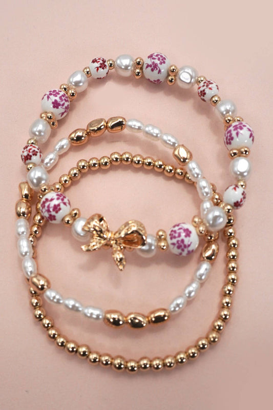 Chic Porcelain Bow Multi Layer Bracelet With Pink Beads And Pearls