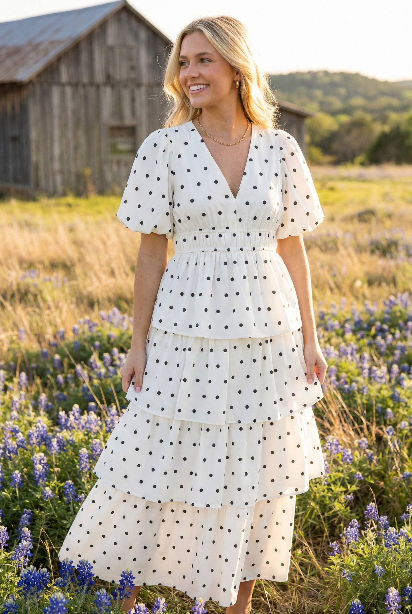 Polka Dot Ruffled V-Neck Puff Sleeves- Dainty Lady