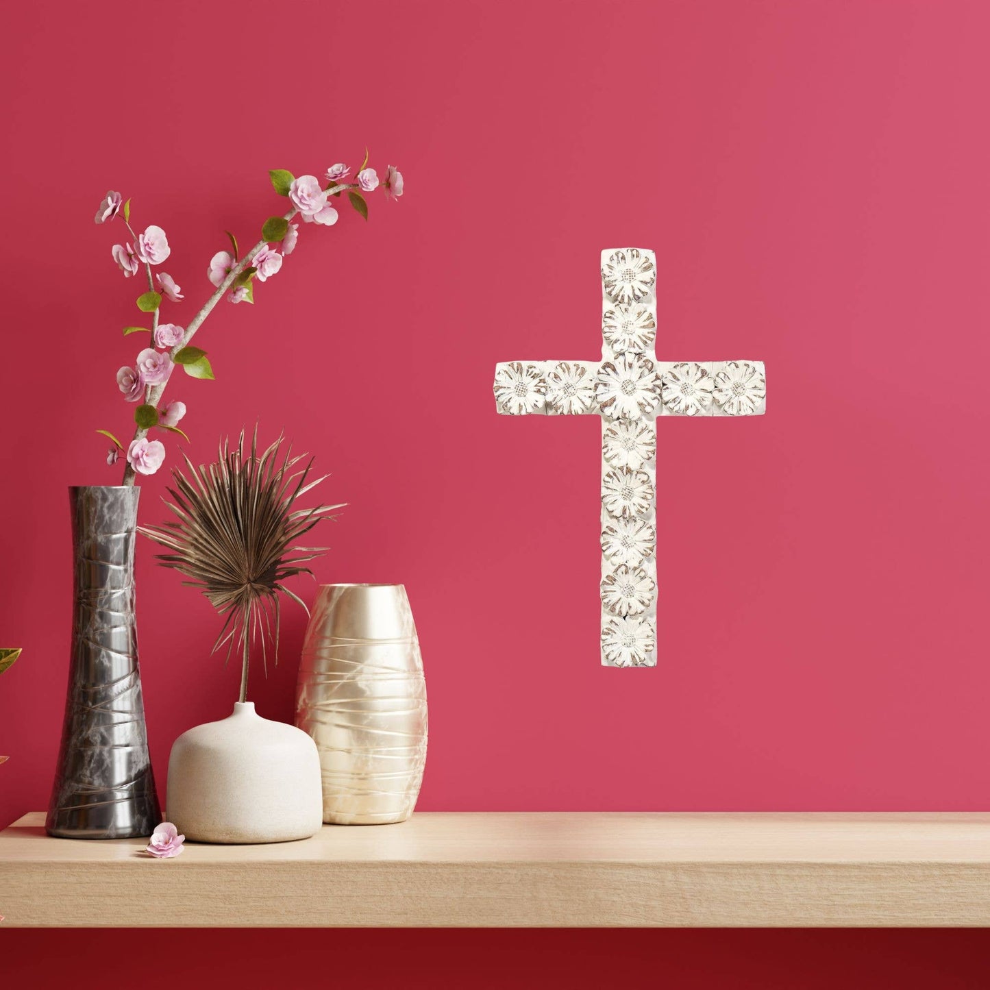 Wall Cross White Floral Resin 10 Inch Decor For Christian Gifts