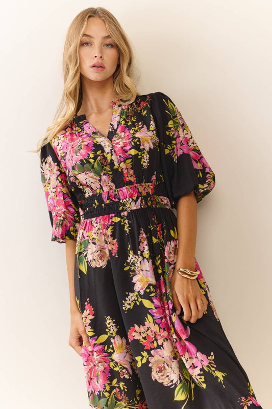 Midi Dress With Floral Print - Faith-Based Modest V-Neck Empire Waist Tiered Hem