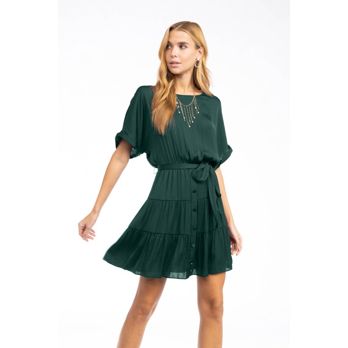 Short Sleeve Tiered Mini Dress - Front Button, Tie Waist, Little Dress