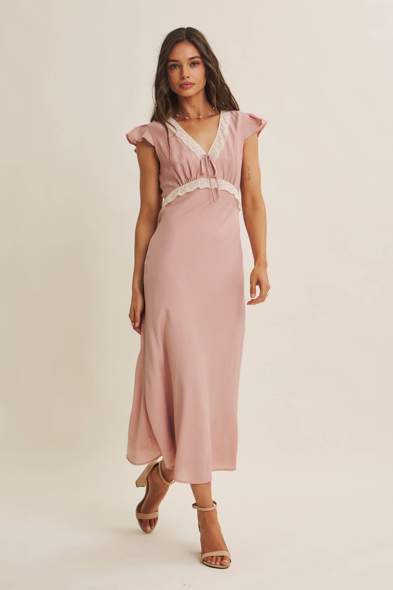 Midi Dress With Lace Trim Slim Fit Waist- Restock March 21st