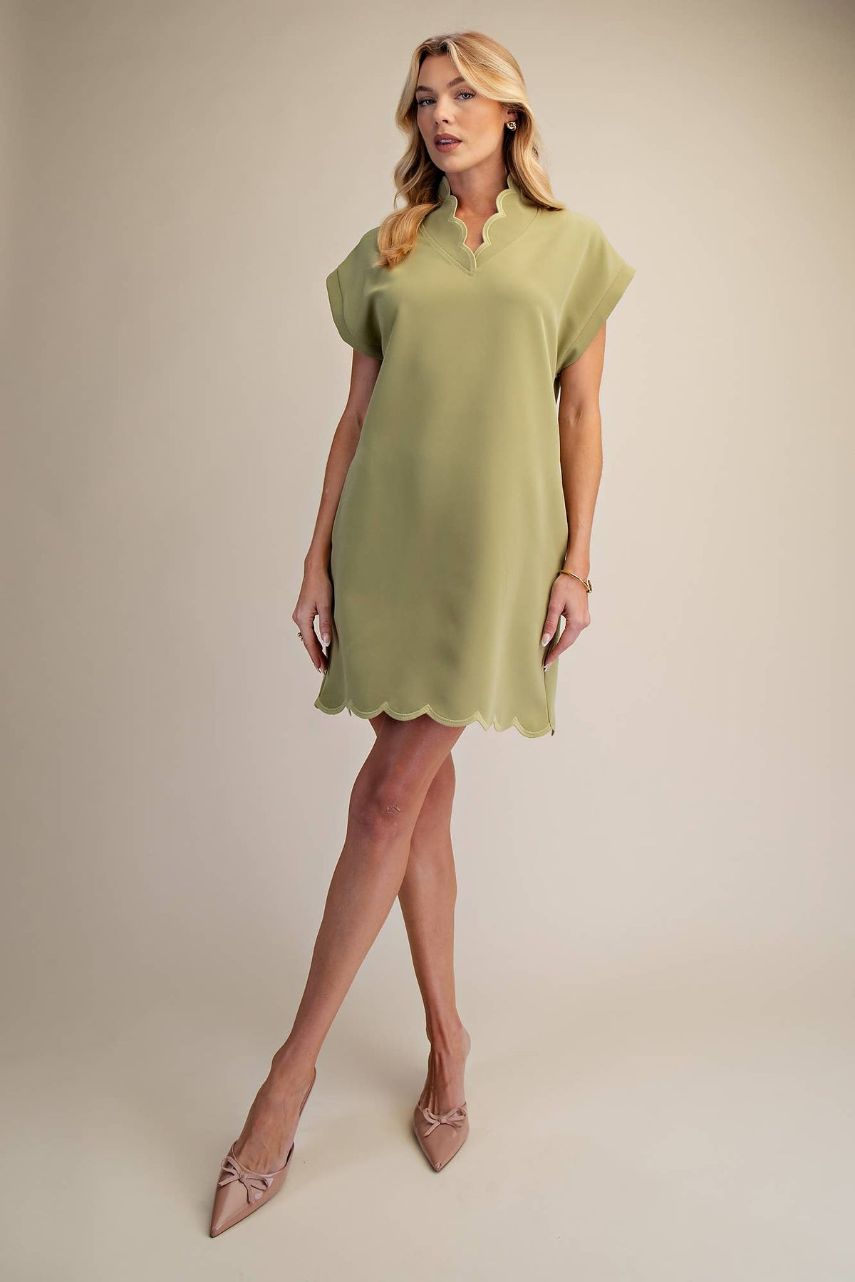 Mini Dress With Embroidered Scallop Trim V Neck And Hem Cap Sleeves - Super Cute - The Sensory