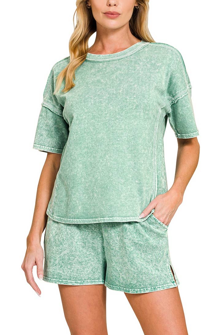 Short Sleeve Tee And Shorts Set | Stone Washed Green