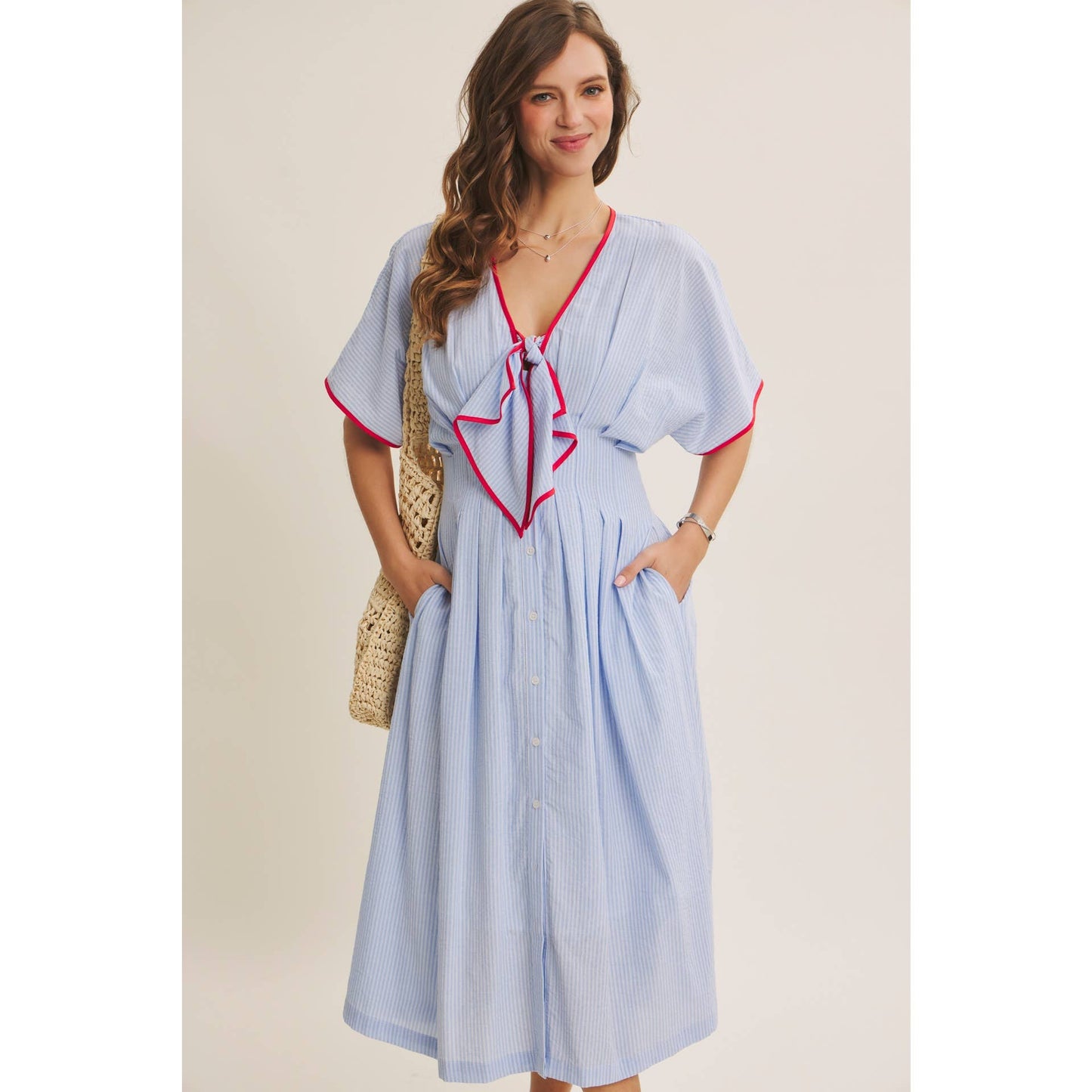 Midi Dress With Pleated Stripe Button Down Tie Modest Fashion Easter