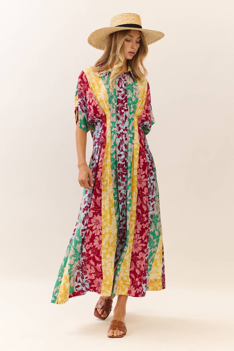 Midi Dress Modest Mixed Floral Print With Button Front Collar Relaxed Fit