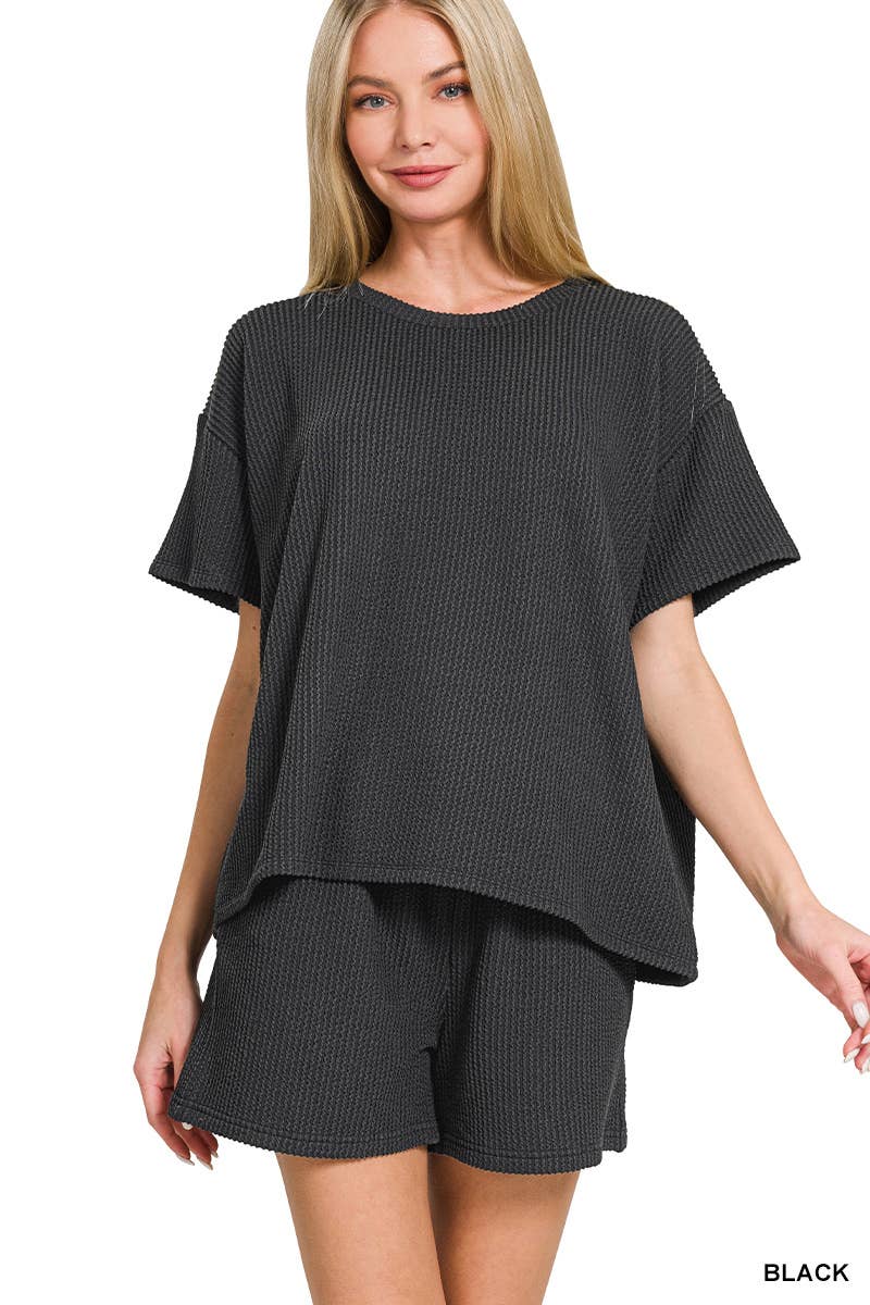 Corded Rib Tee And Drawstring Shorts Set For Women