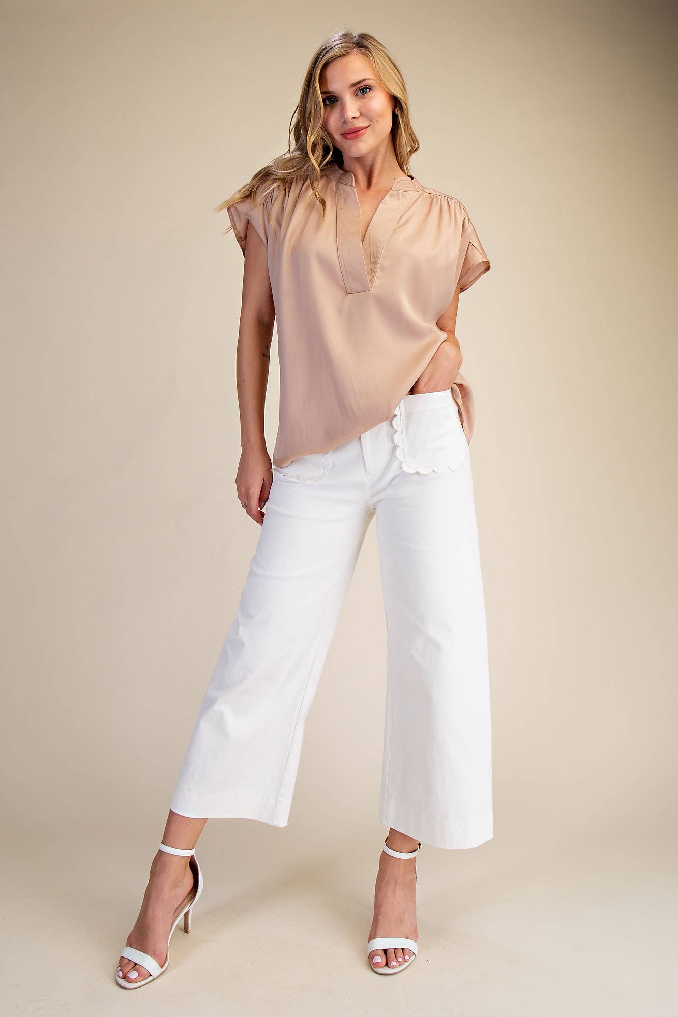 Pants Wide-Leg Cropped With Scalloped Pocket Detail Cotton Blend