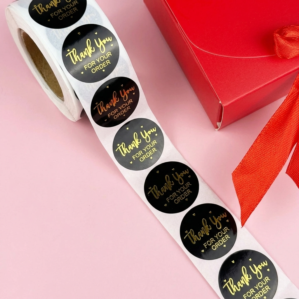 500pc, 1in Black Pink Circular Gold Heart THANK YOU Stickers