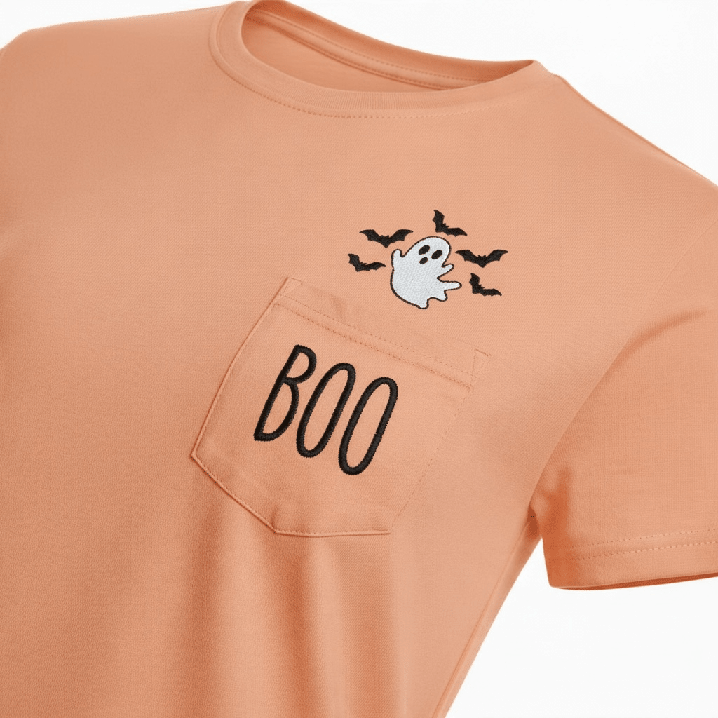 Boo Ghost Embroidered Halloween Pocket Tee | Orange - The Sensory