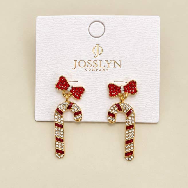 Crystal Bow & Rhinestone Candy Cane Drop Earrings | 40E558 - The Sensory