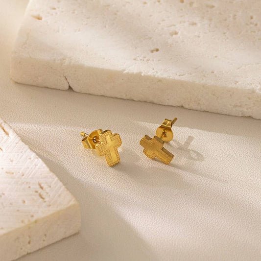 Cross Heart Stud Earrings 18K Gold Finish Tarnish Free Waterproof Faith Based