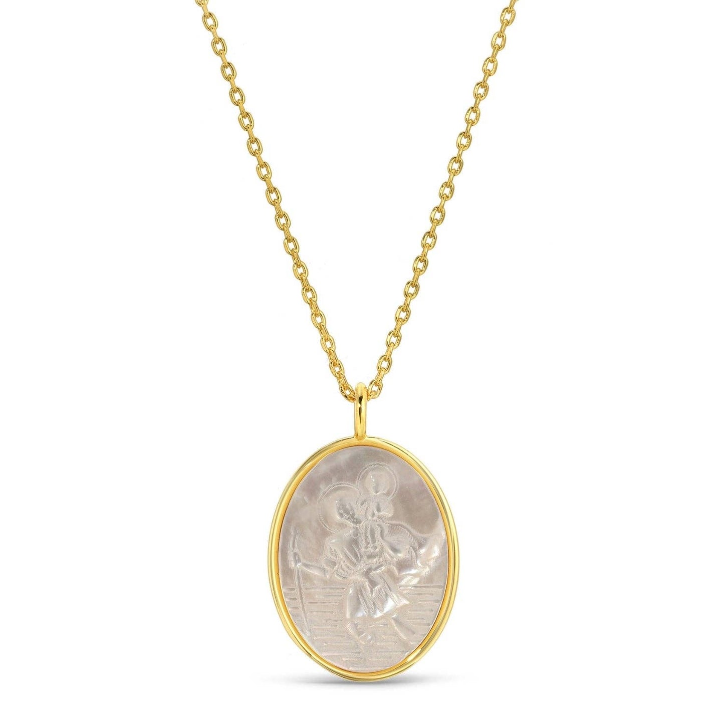 Saint Christopher Pendant Necklace - Etched Shell Oval, 18K Gold Plated