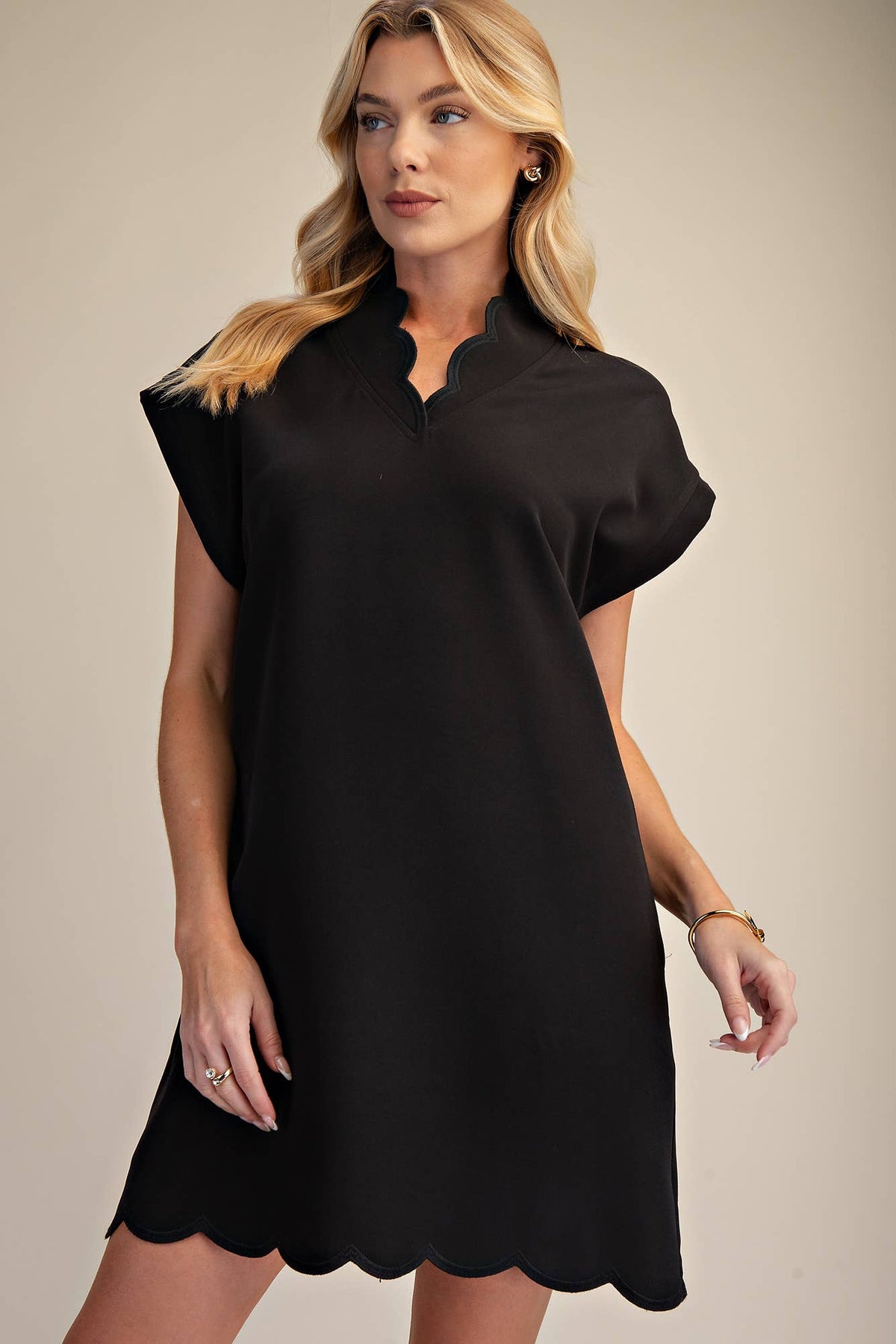 Mini Dress With Embroidered Scallop Trim V Neck And Hem Cap Sleeves - Super Cute - The Sensory