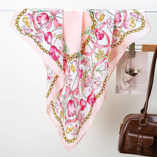 Scarf Floral Print Silk Finish With Blush Pink And Gold Chain Border