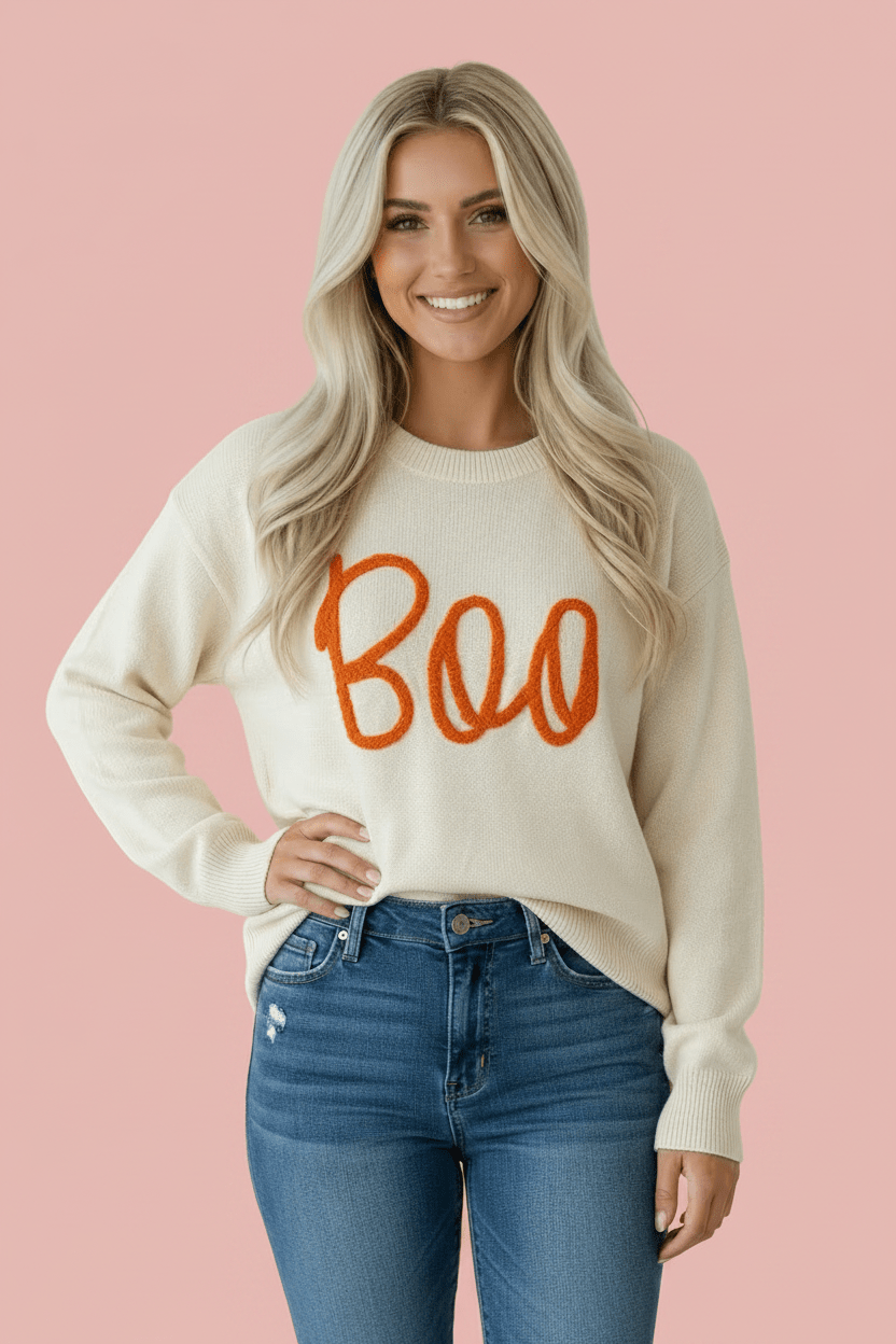 LALA LOO Boo Ribbed Trim Halloween Sweater - The Sensory