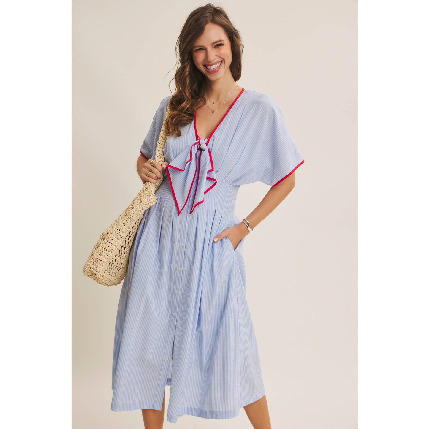 Midi Dress With Pleated Stripe Button Down Tie Modest Fashion Easter