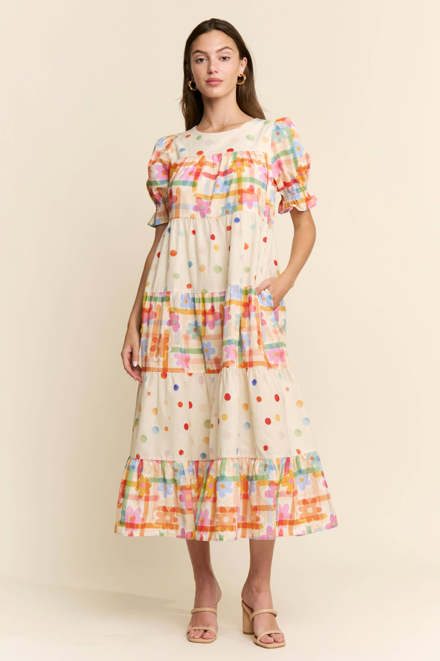 Maxi Dress - Modest Multicolor Floral Polka Dot With Pockets, 100 Percent Cotton