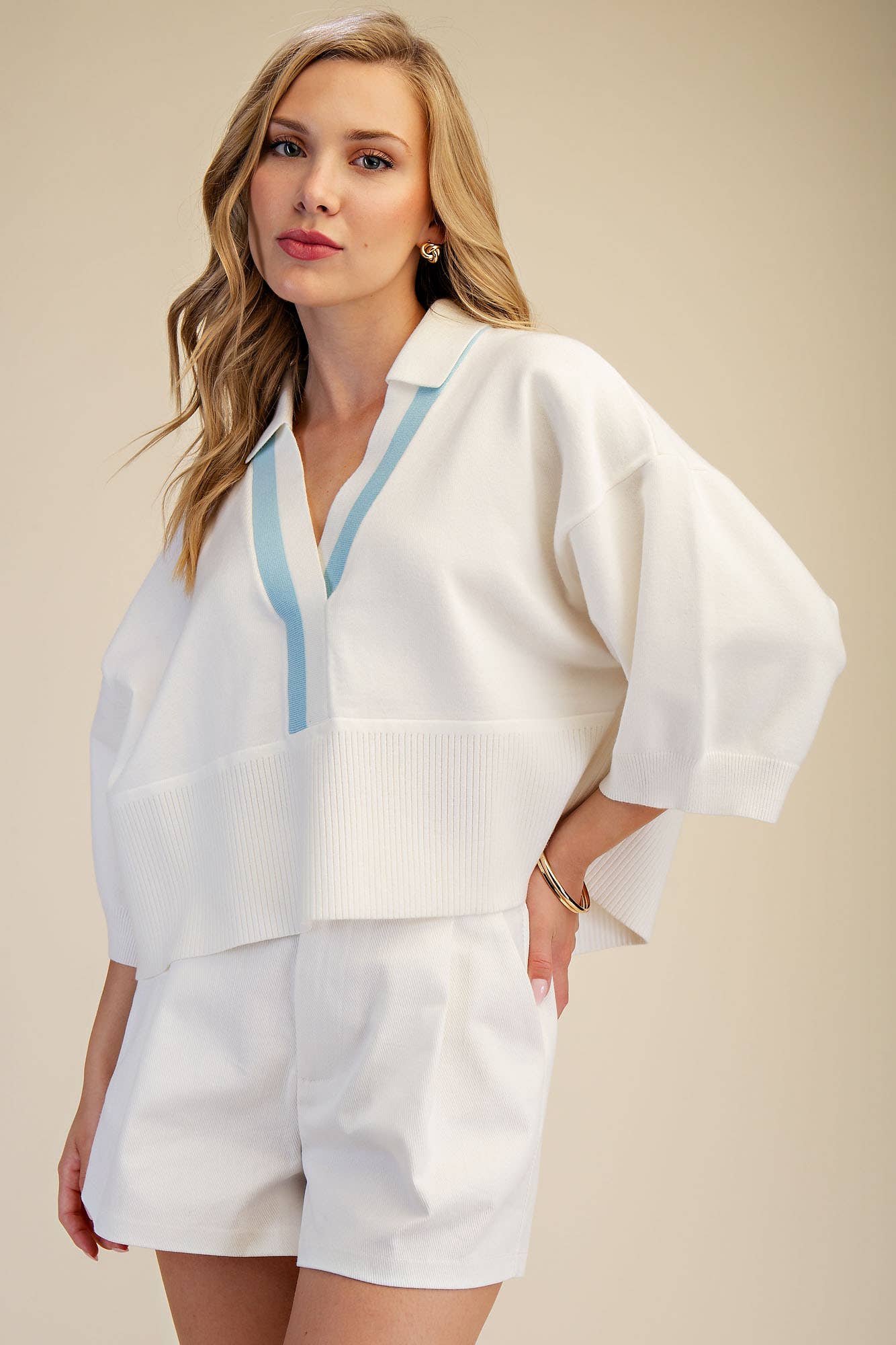 Springs Sweater With Collar And Blue Contrast Trim For Modest Look Loose Fit Dropped Shoulder