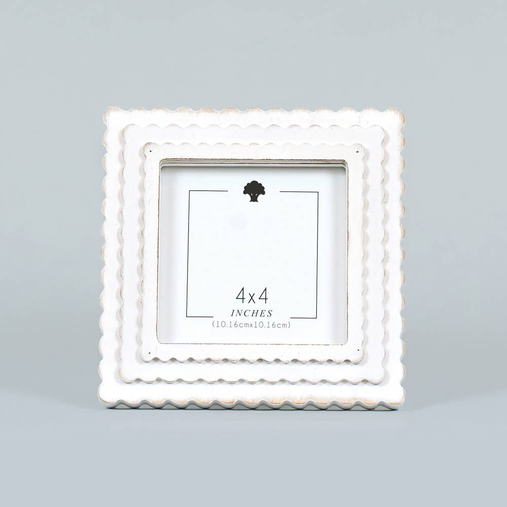White Wood Scallop Edge Photo Frame With Easel Back Holds 4x4 Photo