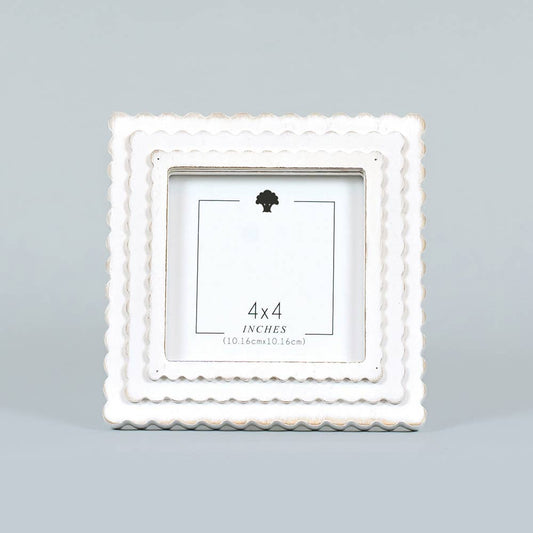 White Wood Scallop Edge Photo Frame With Easel Back Holds 4x4 Photo