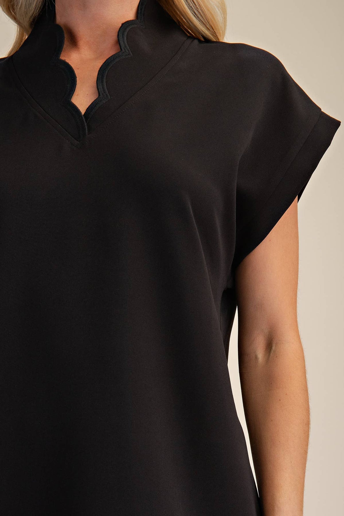 Mini Dress With Embroidered Scallop Trim V Neck And Hem Cap Sleeves - Super Cute - The Sensory
