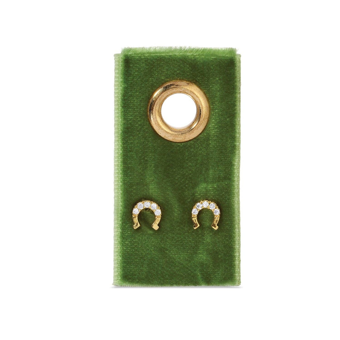 Horseshoe Stud Earring On Velvet Gift Tag With Dainty Pave Accent Faith Based