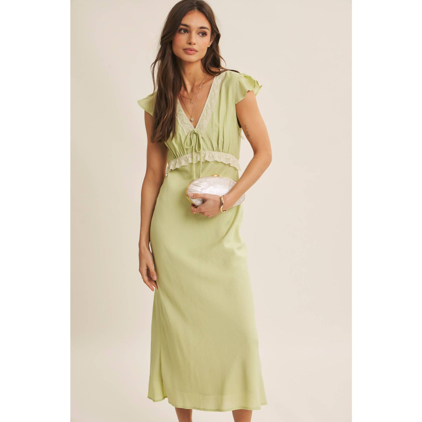 Midi Dress With Lace Trim Slim Fit Waist- Restock March 21st