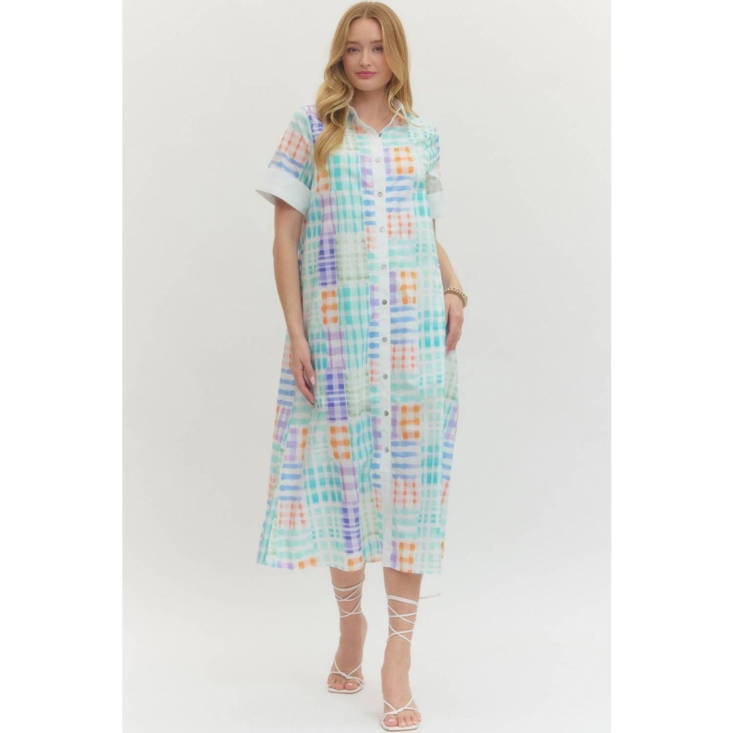 Midi Dress Modest With Collared Neckline And Button Front In Plaid Print