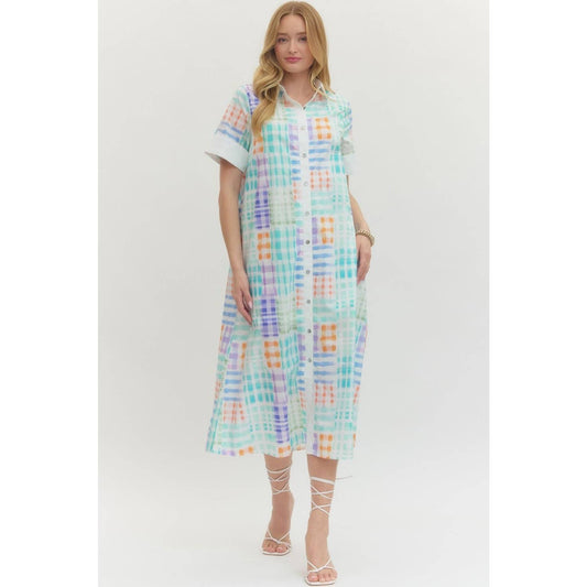 Midi Dress Modest With Collared Neckline And Button Front In Plaid Print