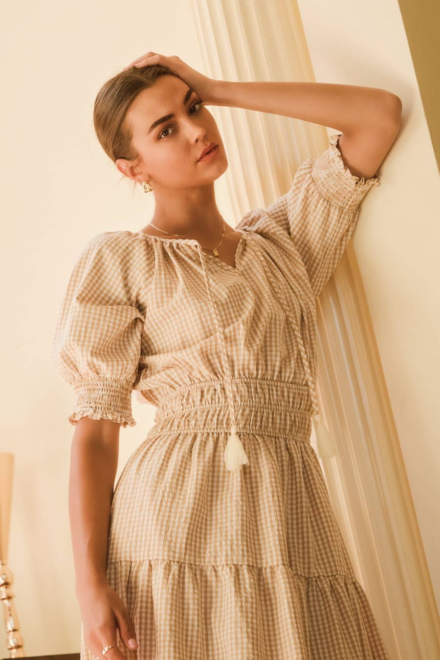Plus Size Gingham Midi Dress With Puffed Sleeves And Smocked Cuffs