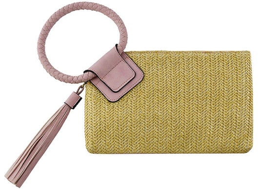 Wristlet Clutch Natural Straw With Tassel