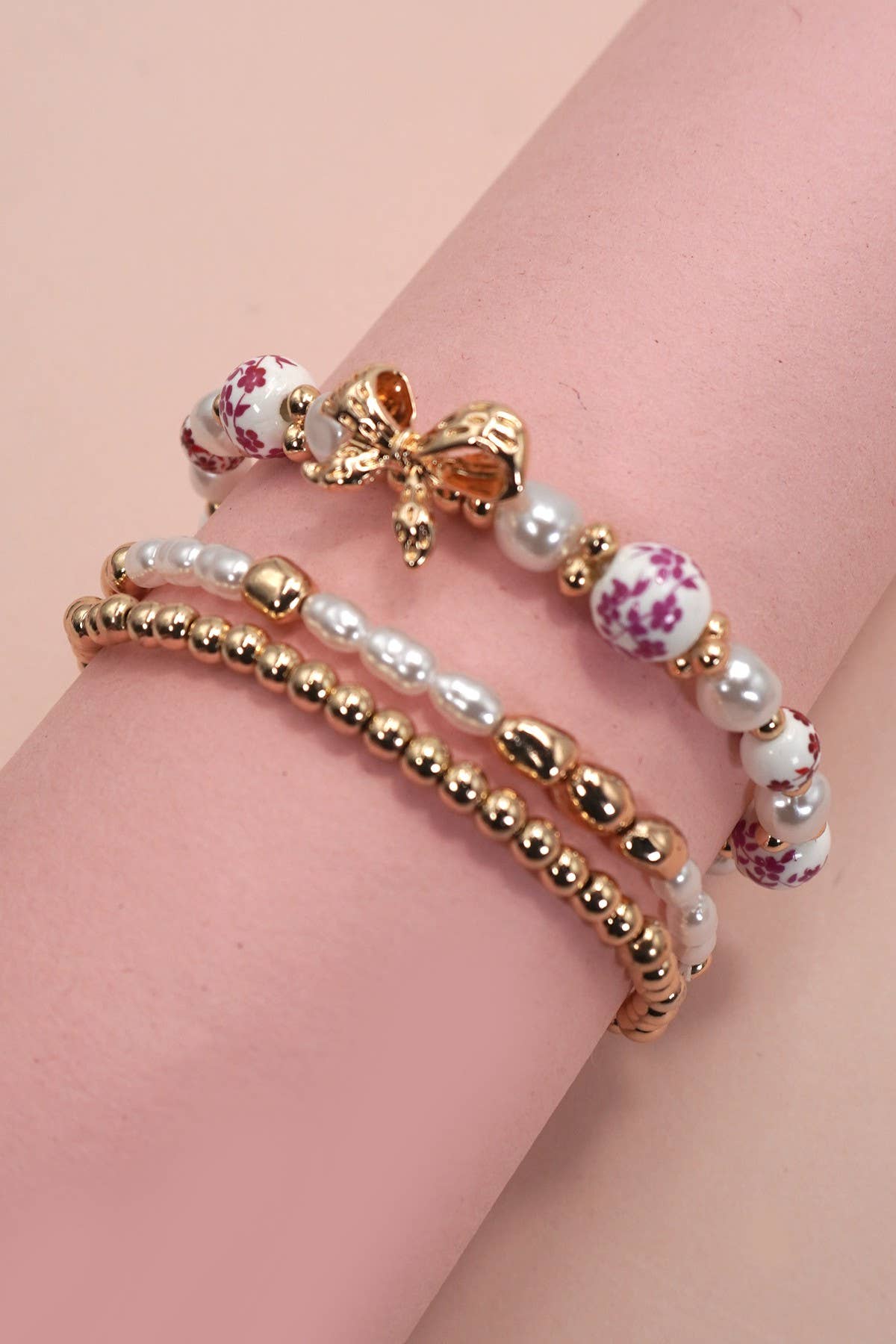 Chic Porcelain Bow Multi Layer Bracelet With Pink Beads And Pearls