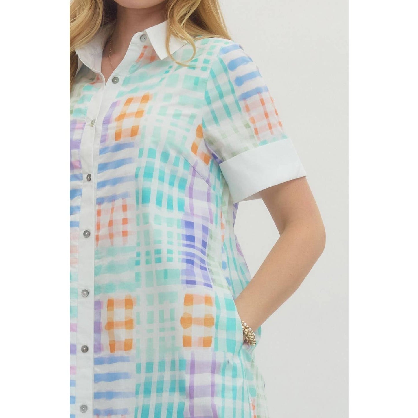 Midi Dress Modest With Collared Neckline And Button Front In Plaid Print
