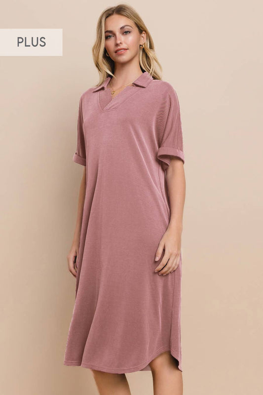Plus Size Modest Modal Pique Knit Midi Dress With V Neck Collar