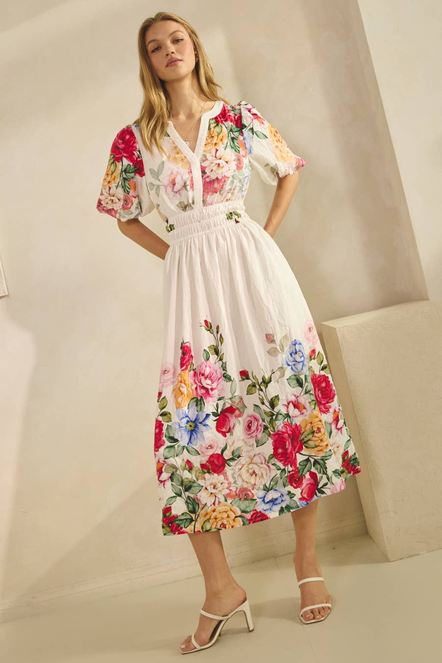Floral Midi Dress - Short Sleeves, Fitted Waist, Flared Skirt- Modest Apparel