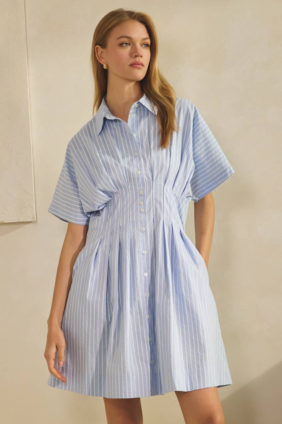 Striped Shirt Dress Cotton Cinched Waist Modest Dress Women's Boutique