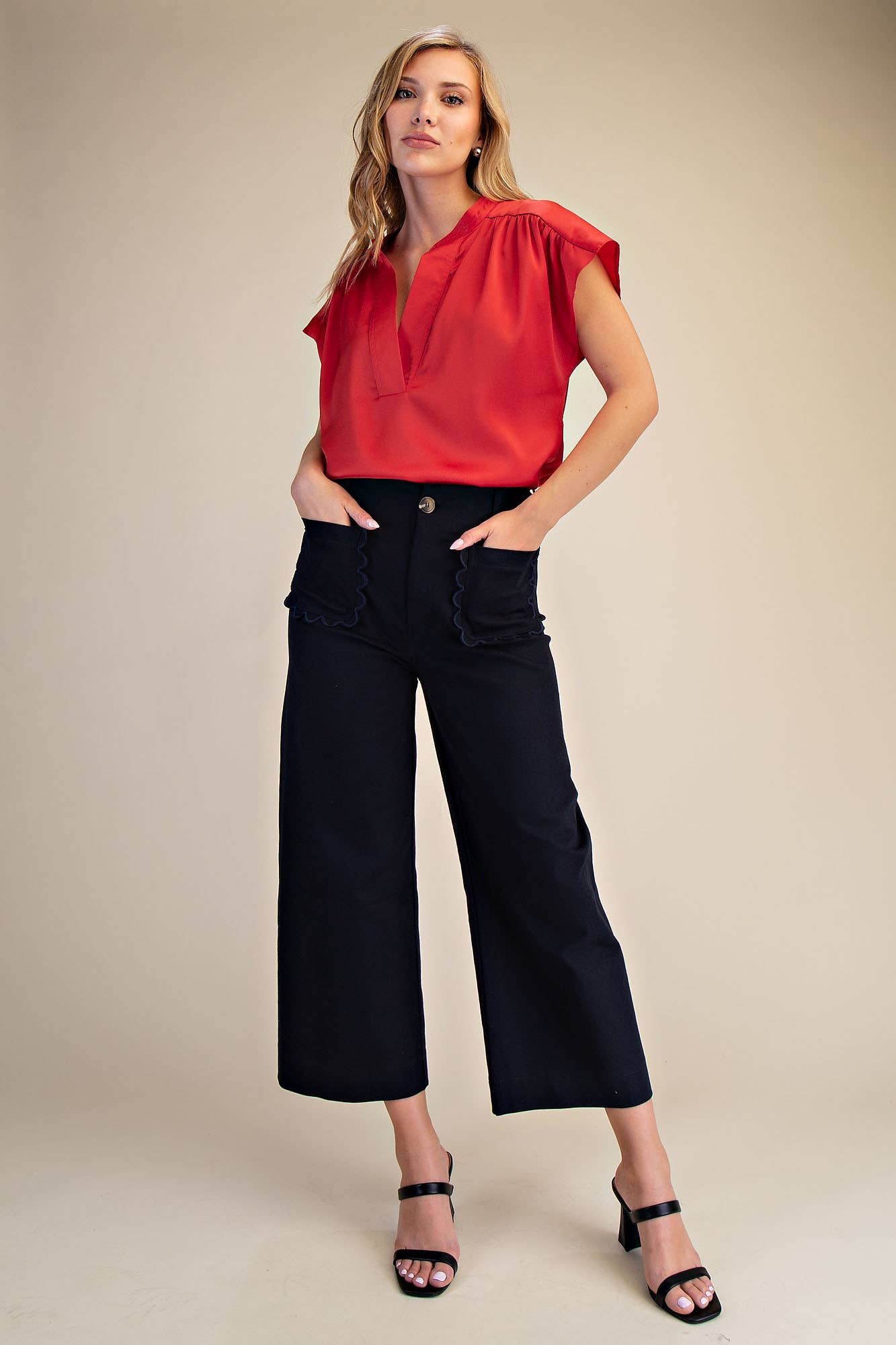 Pants Wide-Leg Cropped With Scalloped Pocket Detail Cotton Blend