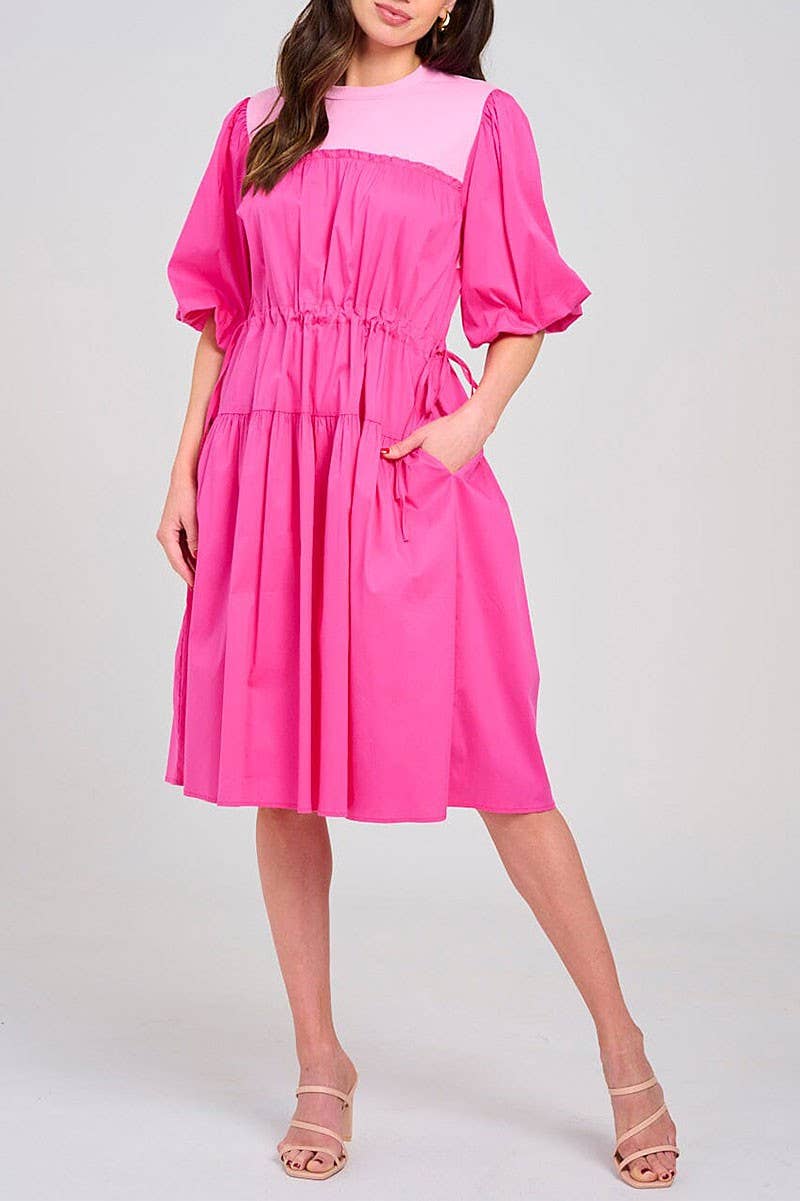 Midi Dress With Puff Sleeves Colorblock Adjustable Waist Modest Fashion