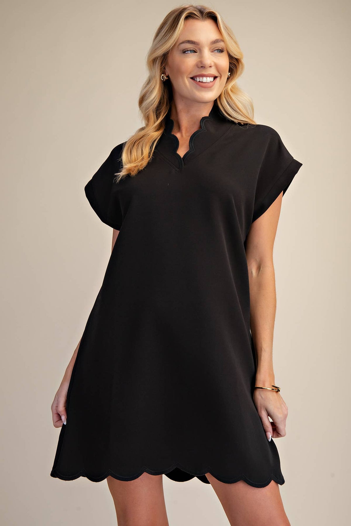 Mini Dress With Embroidered Scallop Trim V Neck And Hem Cap Sleeves - Super Cute - The Sensory