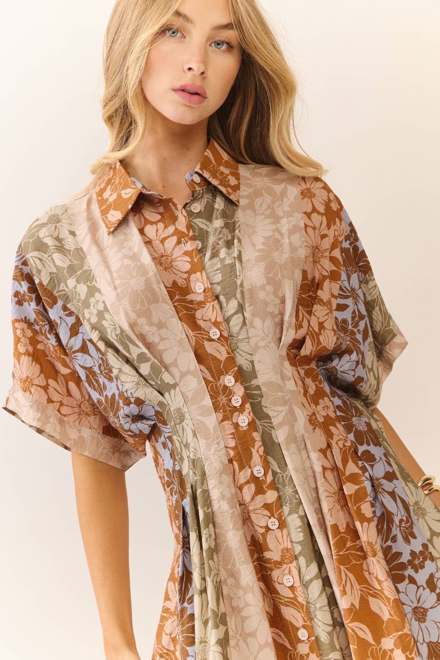 Midi Dress Modest Mixed Floral Print With Button Front Collar Relaxed Fit