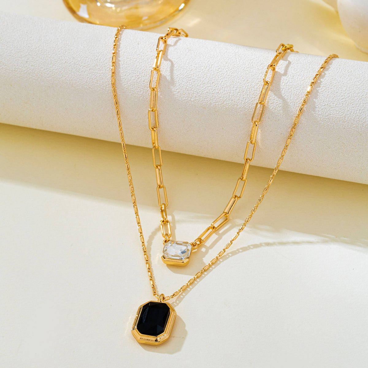 Layered Paperclip Chain Double Gemstone Necklace | 80N93798