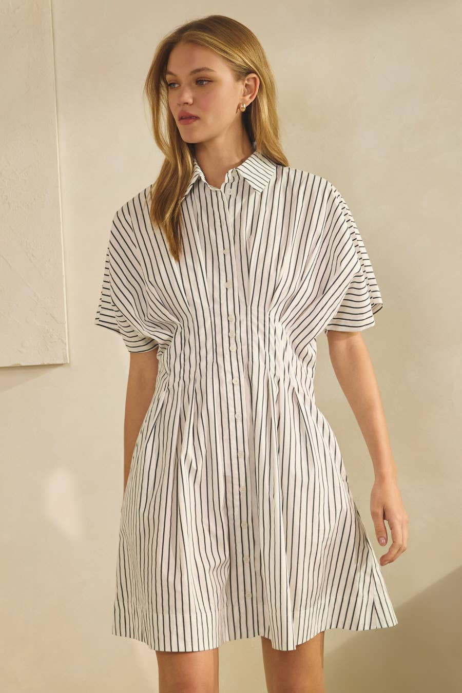Striped Shirt Dress Cotton Cinched Waist Modest Dress Women's Boutique