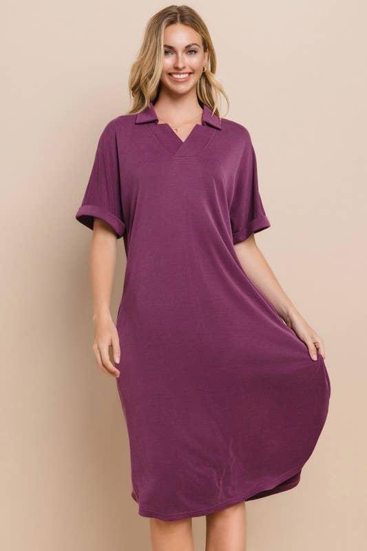 Plus Size Modest Modal Pique Knit Midi Dress With V Neck Collar