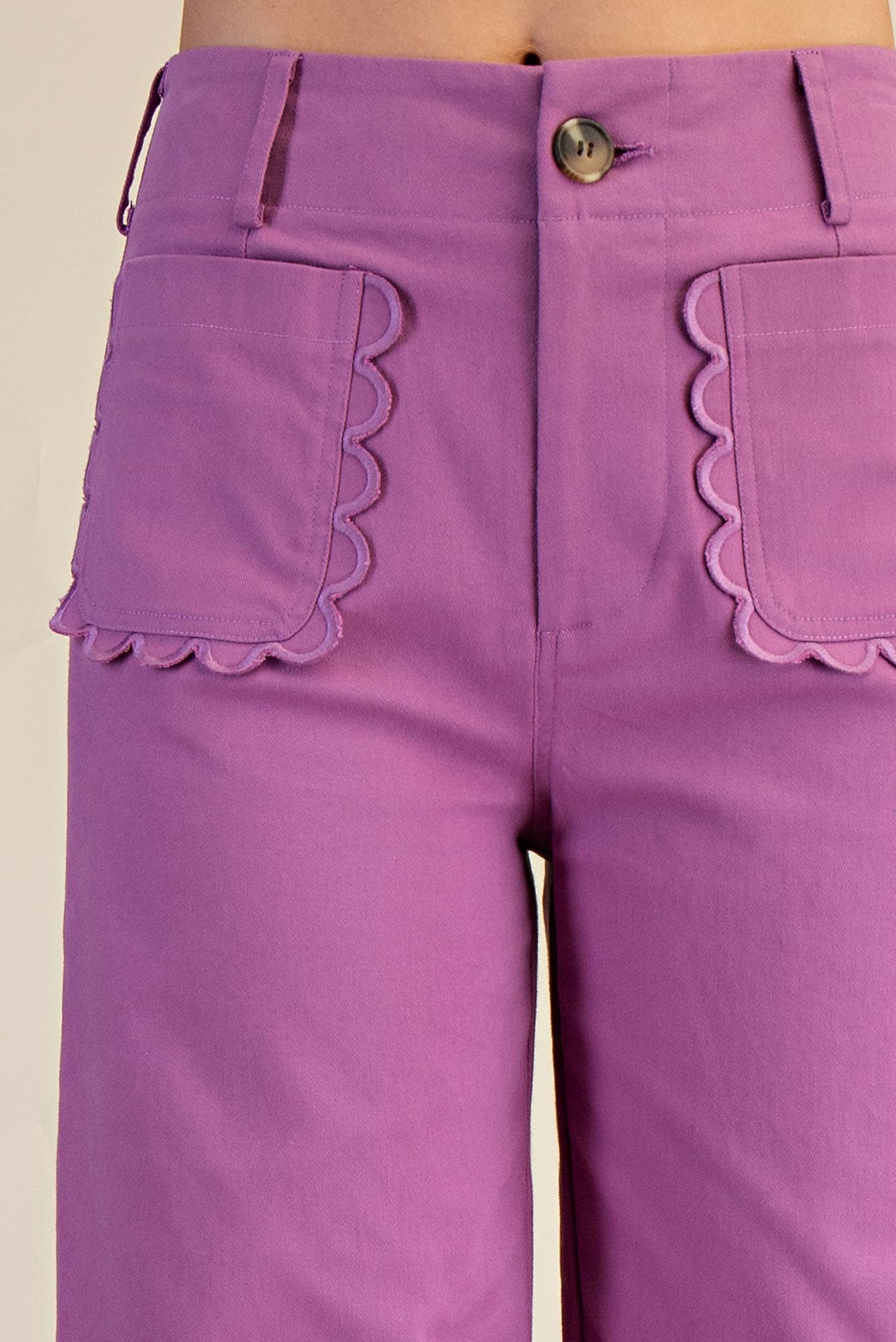 Pants Wide-Leg Cropped With Scalloped Pocket Detail Cotton Blend