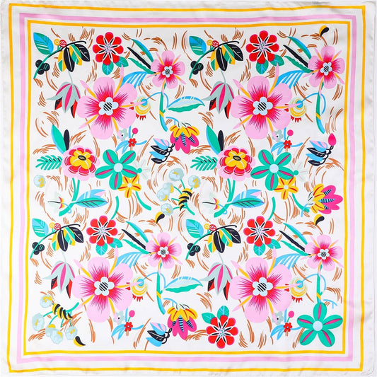 Scarf With Multi Color Floral Print Silk Feel On Ivory Background Modest Fashion