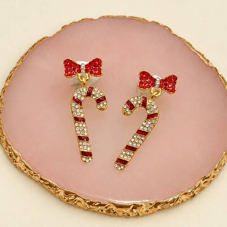 Crystal Bow & Rhinestone Candy Cane Drop Earrings | 40E558 - The Sensory