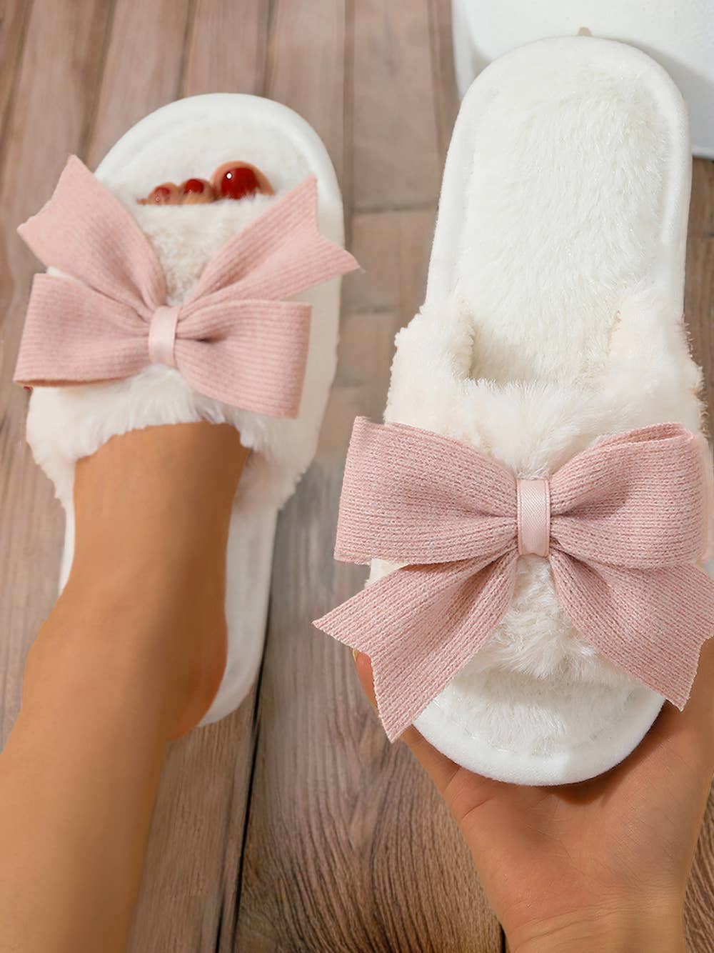 Slippers The Sensory Bow Knot Decor Plush Open-Toe White Faith-Based